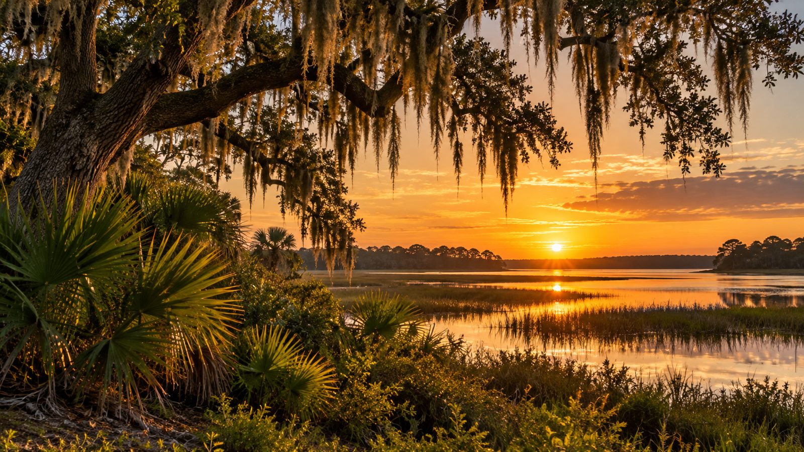 Florida marsh at sunrise under live oaks